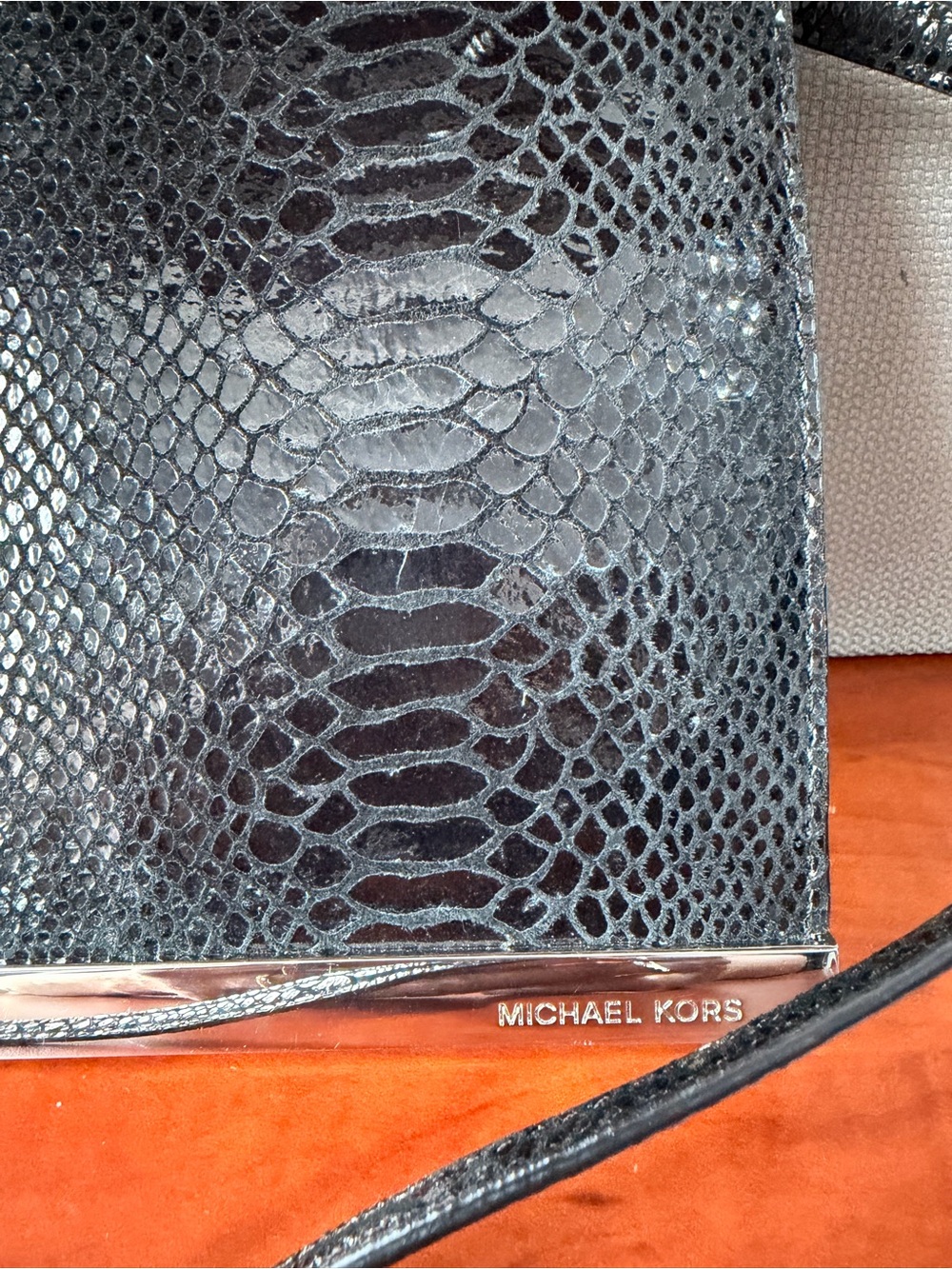 Michael Kors Black Embossed Snakeskin Clutch with Metallic Trim - Picture 4 of 11